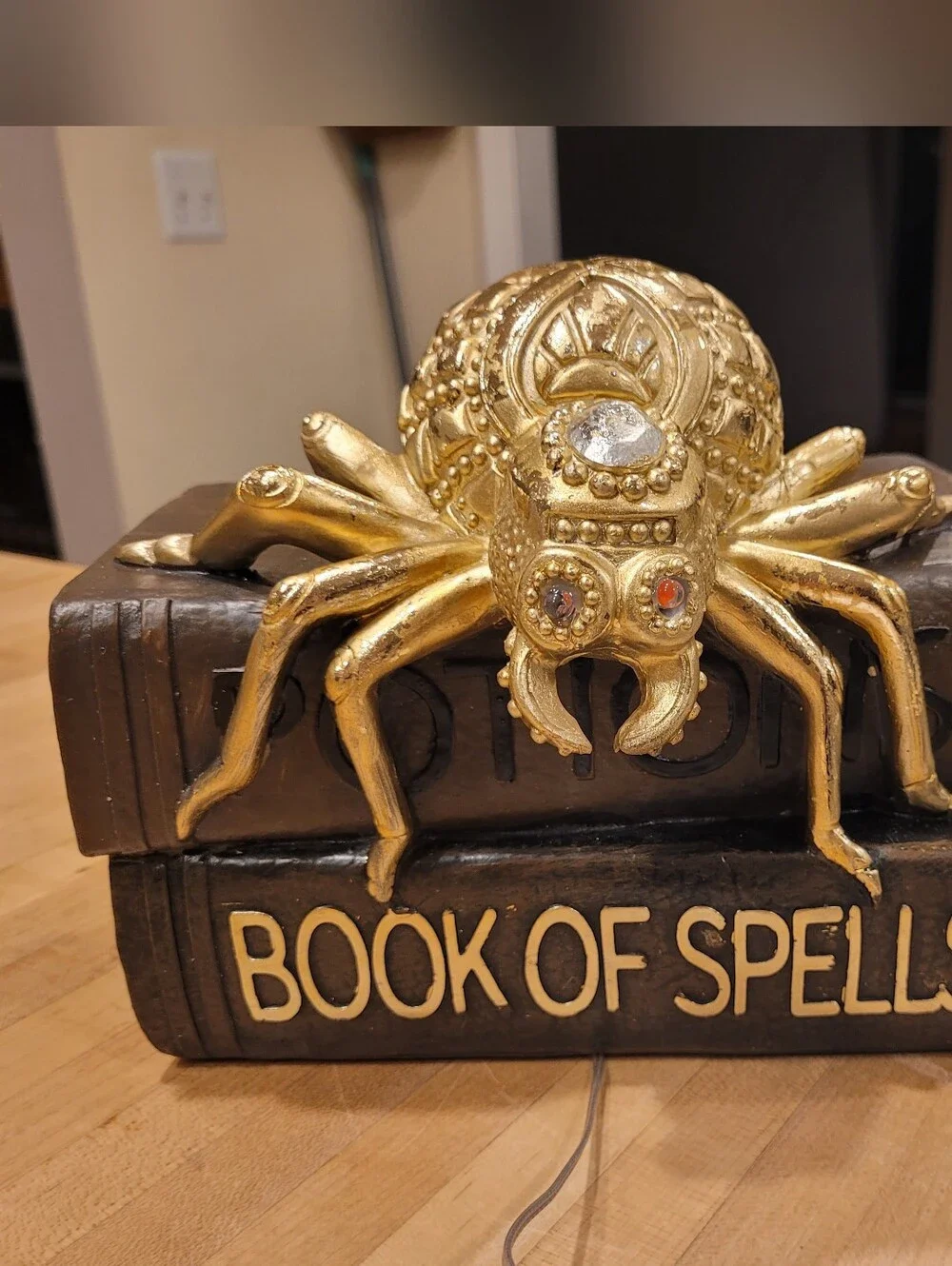 NEW Gold Decorative Spider Book Halloween Home Decor Accent with Red LED Eyes